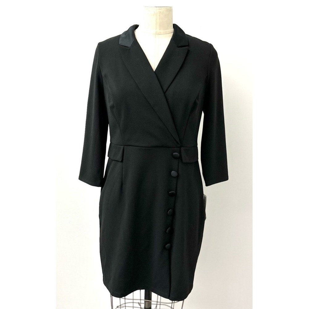 (A10) Glamour Black Blazer Dress Plus 18W Satin Collar Asymmetrical‎ Button NWT
